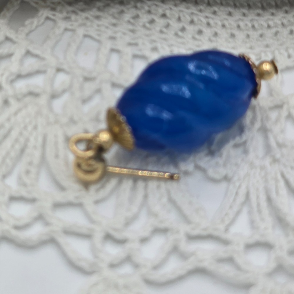 Vintage Cobalt Blue Swirl Earrings 14K GF Post Dangle Signed - Picture 5 of 8